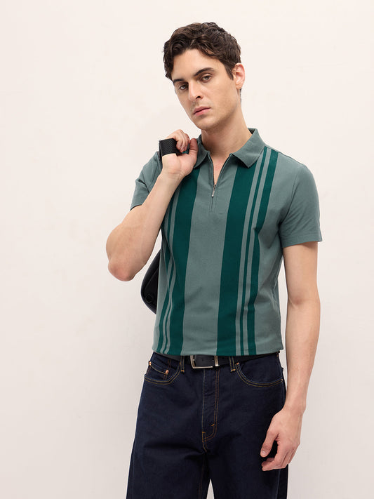 Green with Dark Green Stripe Design Regular Fit Polo with Zipper Placket
