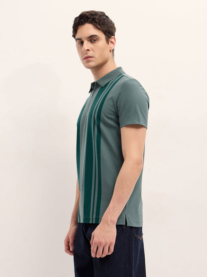 Green with Dark Green Stripe Design Regular Fit Polo with Zipper Placket