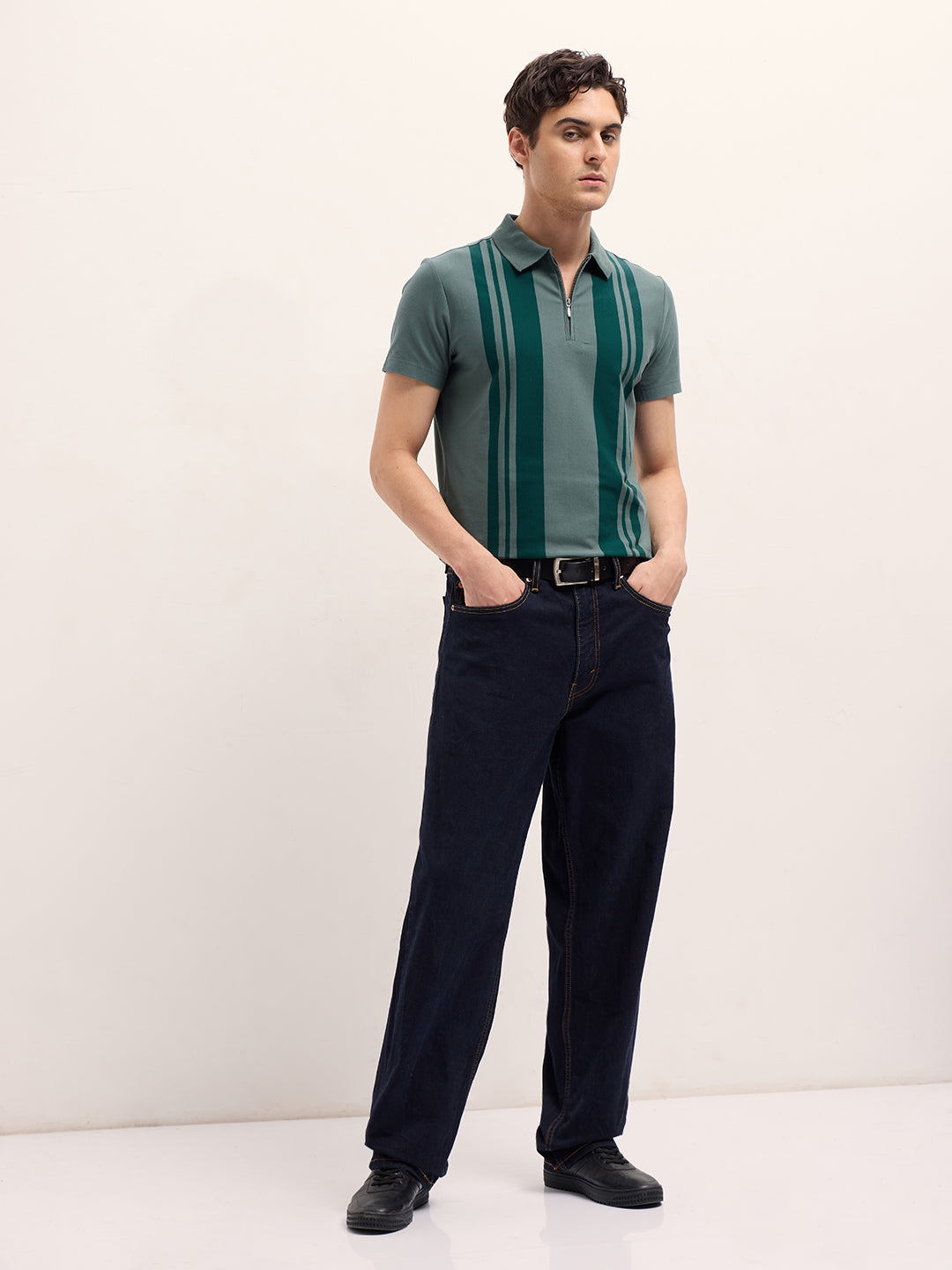 Green with Dark Green Stripe Design Regular Fit Polo with Zipper Placket