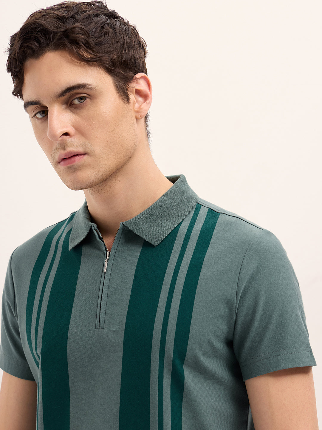 Green with Dark Green Stripe Design Regular Fit Polo with Zipper Placket