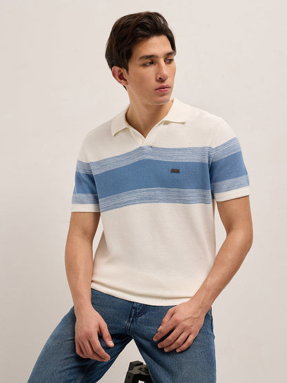 White Slim Fit Flat Knit Polo with Ribbed Horizontal Stripe Across Chest