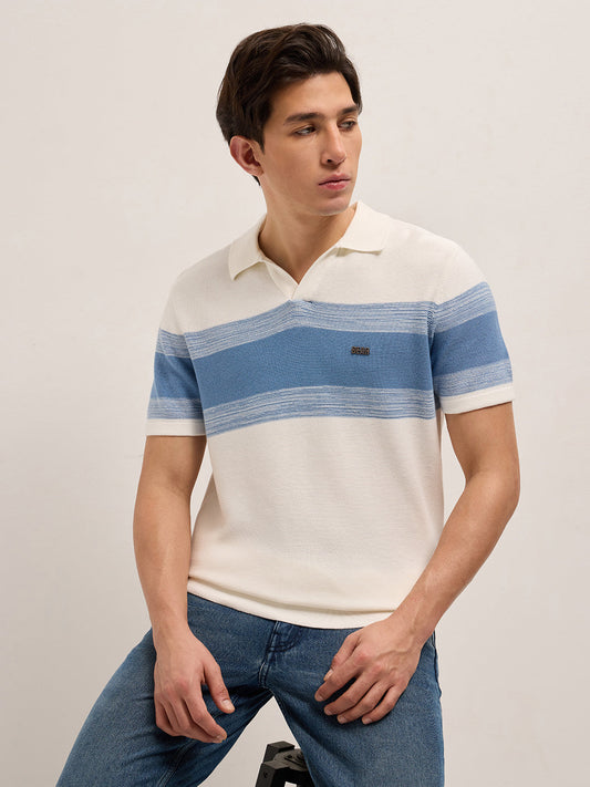 White Slim Fit Flat Knit Polo with Ribbed Horizontal Stripe Across Chest
