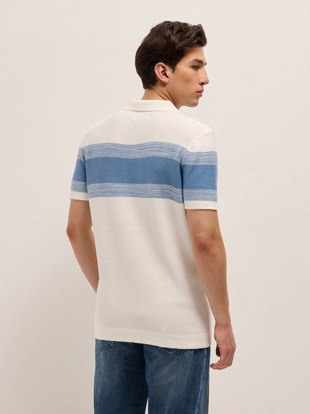 White Slim Fit Flat Knit Polo with Ribbed Horizontal Stripe Across Chest