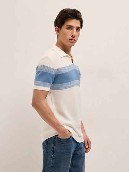 White Slim Fit Flat Knit Polo with Ribbed Horizontal Stripe Across Chest