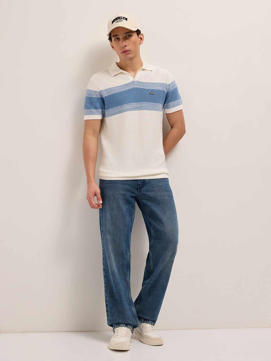 White Slim Fit Flat Knit Polo with Ribbed Horizontal Stripe Across Chest