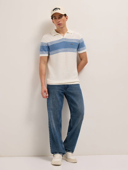 White Slim Fit Flat Knit Polo with Ribbed Horizontal Stripe Across Chest