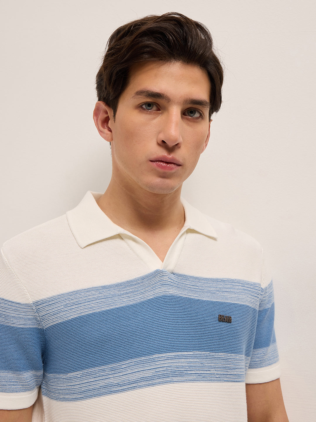 White Slim Fit Flat Knit Polo with Ribbed Horizontal Stripe Across Chest