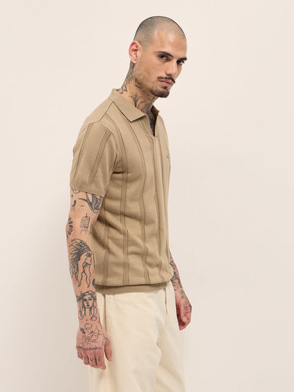 Beige Textured vertical knit stripes Slim Fit Polo