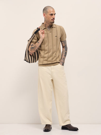Beige Textured vertical knit stripes Slim Fit Polo