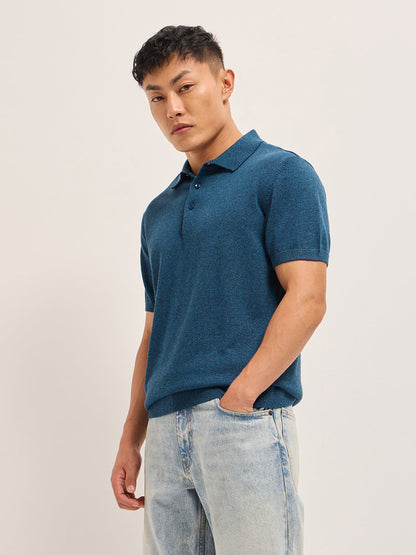 Teal Blue Textured Knit Solid Regular Fit Polo