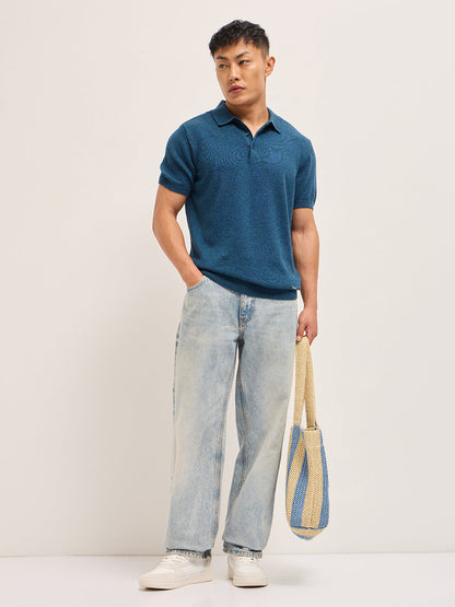 Teal Blue Textured Knit Solid Regular Fit Polo