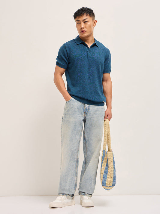 Teal Blue Textured Knit Solid Regular Fit Polo