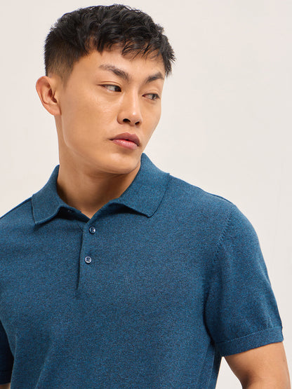 Teal Blue Textured Knit Solid Regular Fit Polo