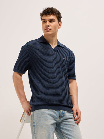 Blue Relaxed Fit Horizontal Ribbed Flat Knit Polo with Transparent Effect