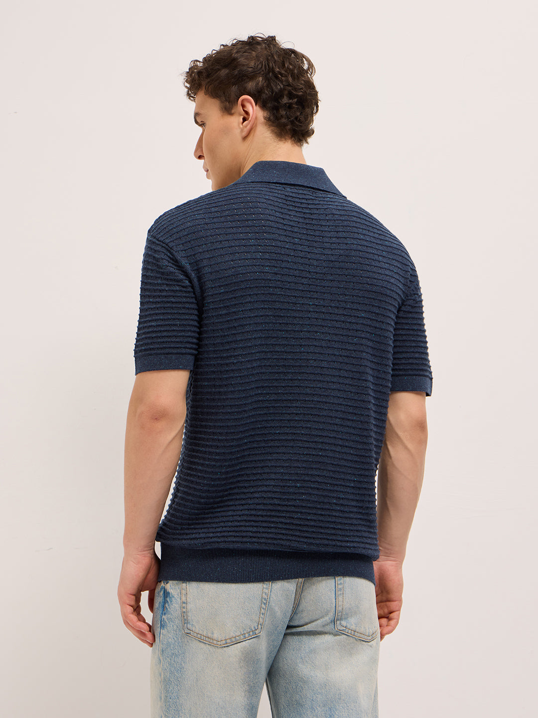 Blue Relaxed Fit Horizontal Ribbed Flat Knit Polo with Transparent Effect