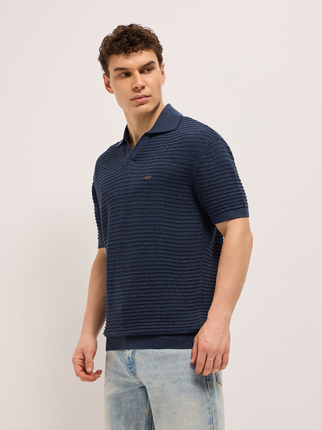 Blue Relaxed Fit Horizontal Ribbed Flat Knit Polo with Transparent Effect