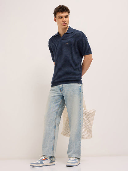 Blue Relaxed Fit Horizontal Ribbed Flat Knit Polo with Transparent Effect