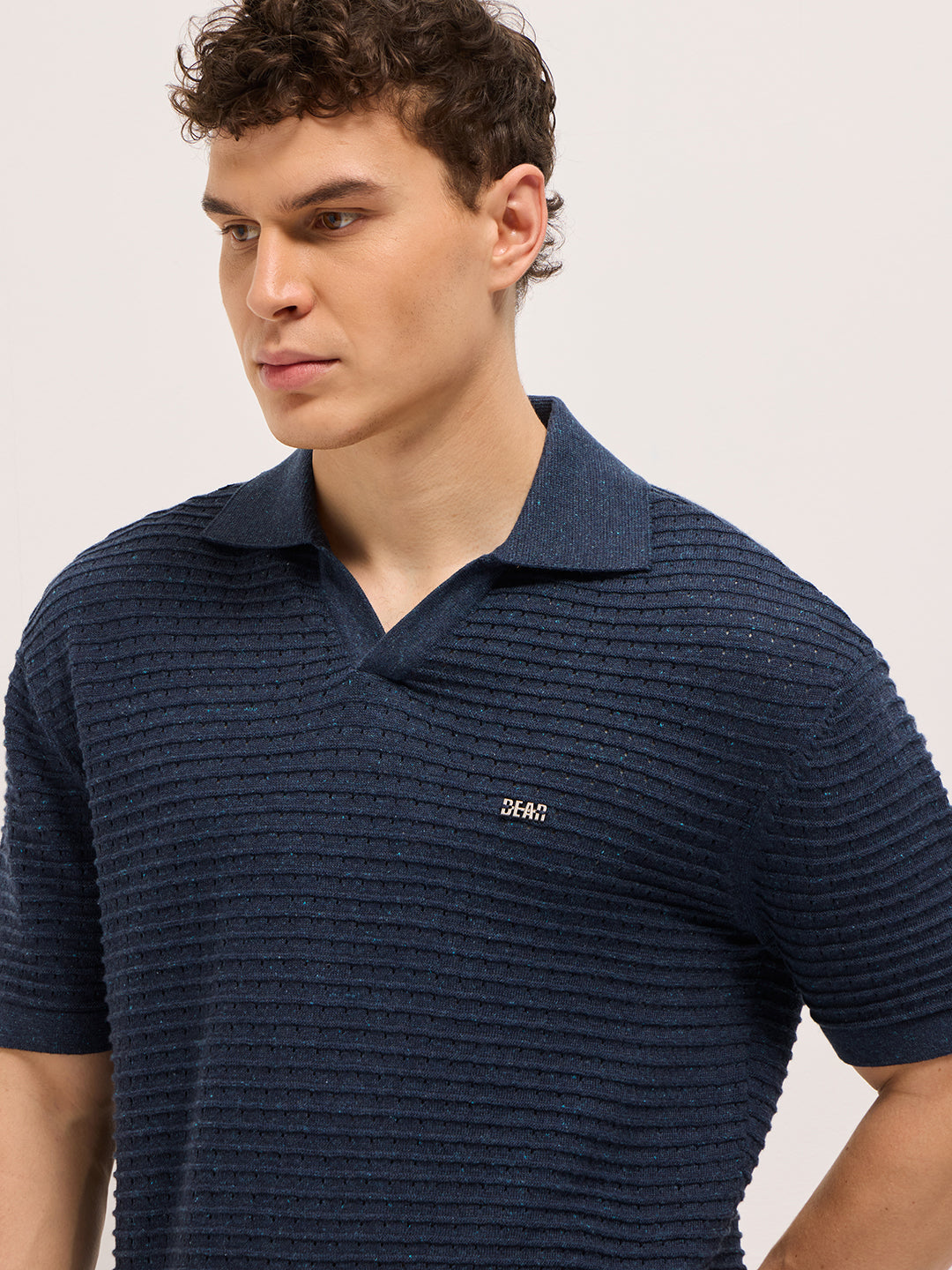 Blue Relaxed Fit Horizontal Ribbed Flat Knit Polo with Transparent Effect