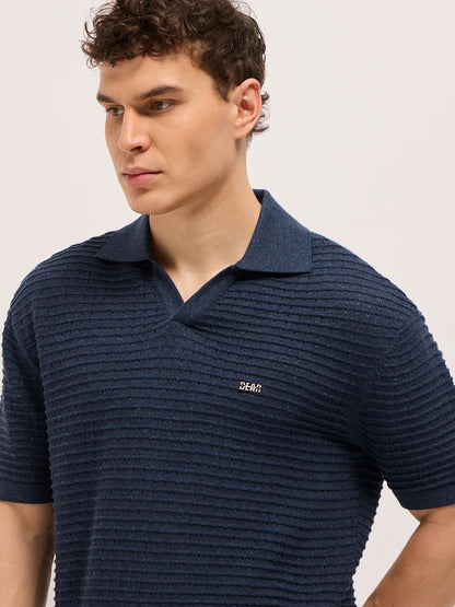 Blue Relaxed Fit Horizontal Ribbed Flat Knit Polo with Transparent Effect