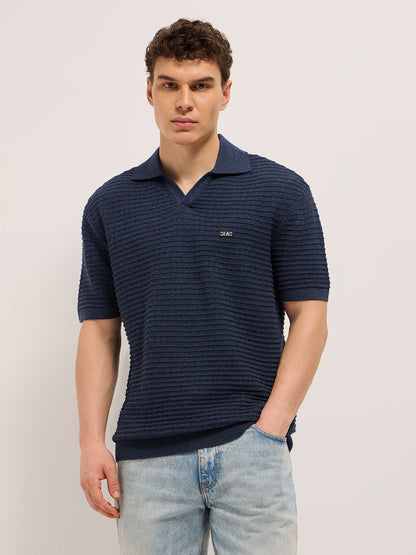Blue Relaxed Fit Horizontal Ribbed Flat Knit Polo with Transparent Effect