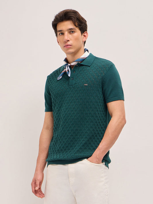 Green Slim Fit Diamond Textured Flat Knit Polo with Transparent Effect