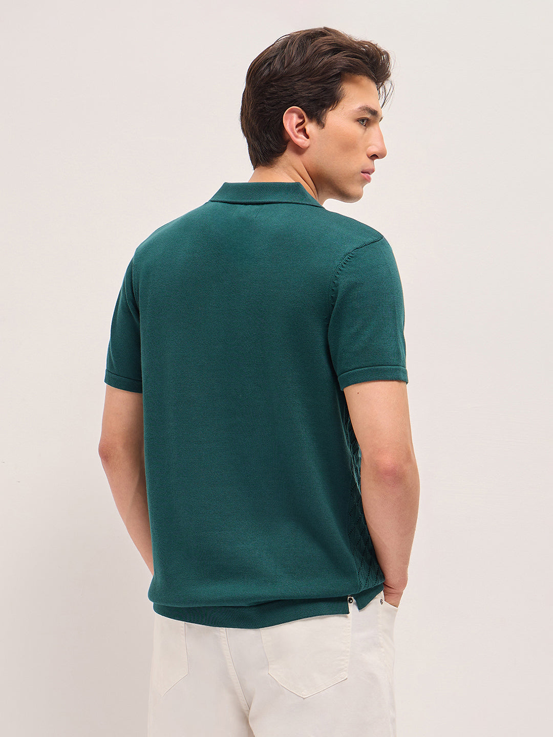 Green Slim Fit Diamond Textured Flat Knit Polo with Transparent Effect