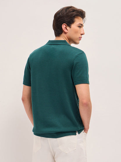 Green Slim Fit Diamond Textured Flat Knit Polo with Transparent Effect