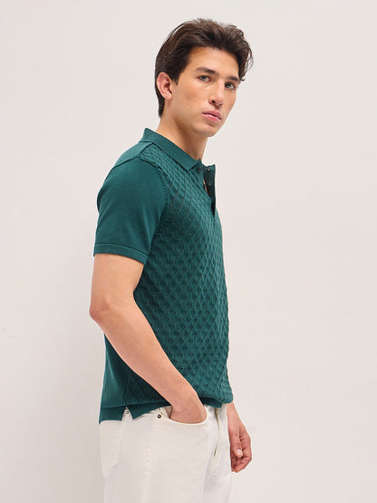 Green Slim Fit Diamond Textured Flat Knit Polo with Transparent Effect