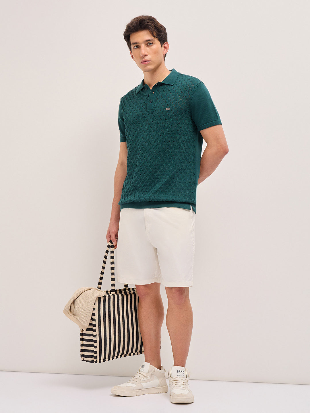 Green Slim Fit Diamond Textured Flat Knit Polo with Transparent Effect