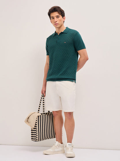 Green Slim Fit Diamond Textured Flat Knit Polo with Transparent Effect