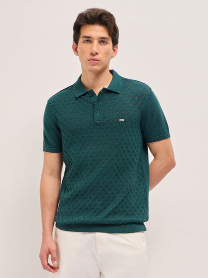 Green Slim Fit Diamond Textured Flat Knit Polo with Transparent Effect
