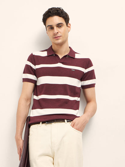 Maroon and White Horizontal Stripes Slim Fit Polo