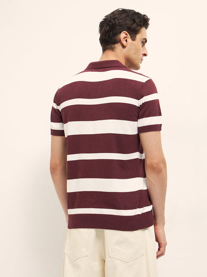 Maroon and White Horizontal Stripes Slim Fit Polo