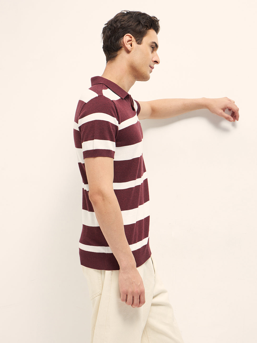 Maroon and White Horizontal Stripes Slim Fit Polo