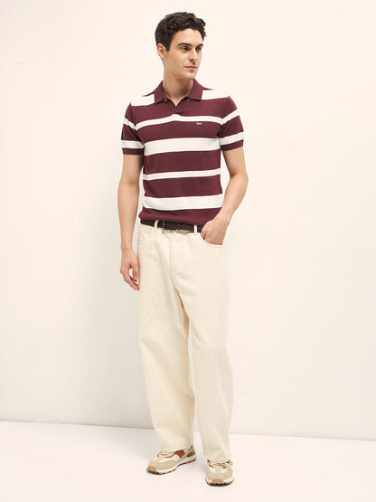 Maroon and White Horizontal Stripes Slim Fit Polo