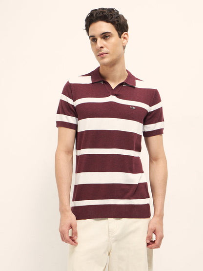 Maroon and White Horizontal Stripes Slim Fit Polo