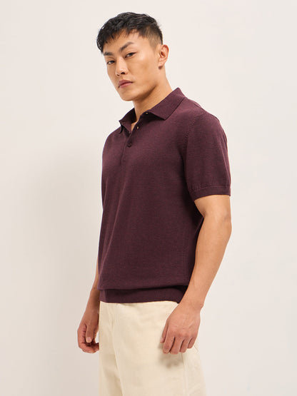 Maroon Textured Knit Solid Regular Fit Polo