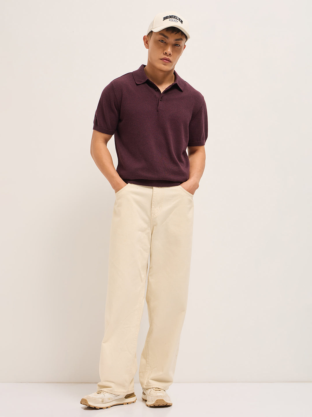 Maroon Textured Knit Solid Regular Fit Polo