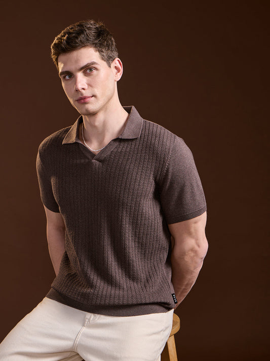 Brown Ribbed Texture Design Slim Fit Polo