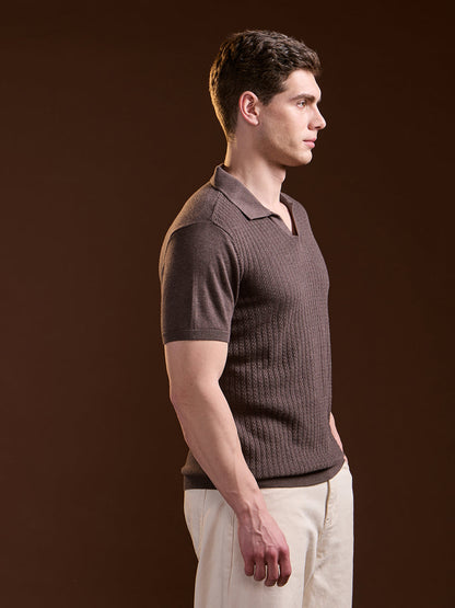 Brown Ribbed Texture Design Slim Fit Polo