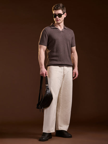 Brown Ribbed Texture Design Slim Fit Polo