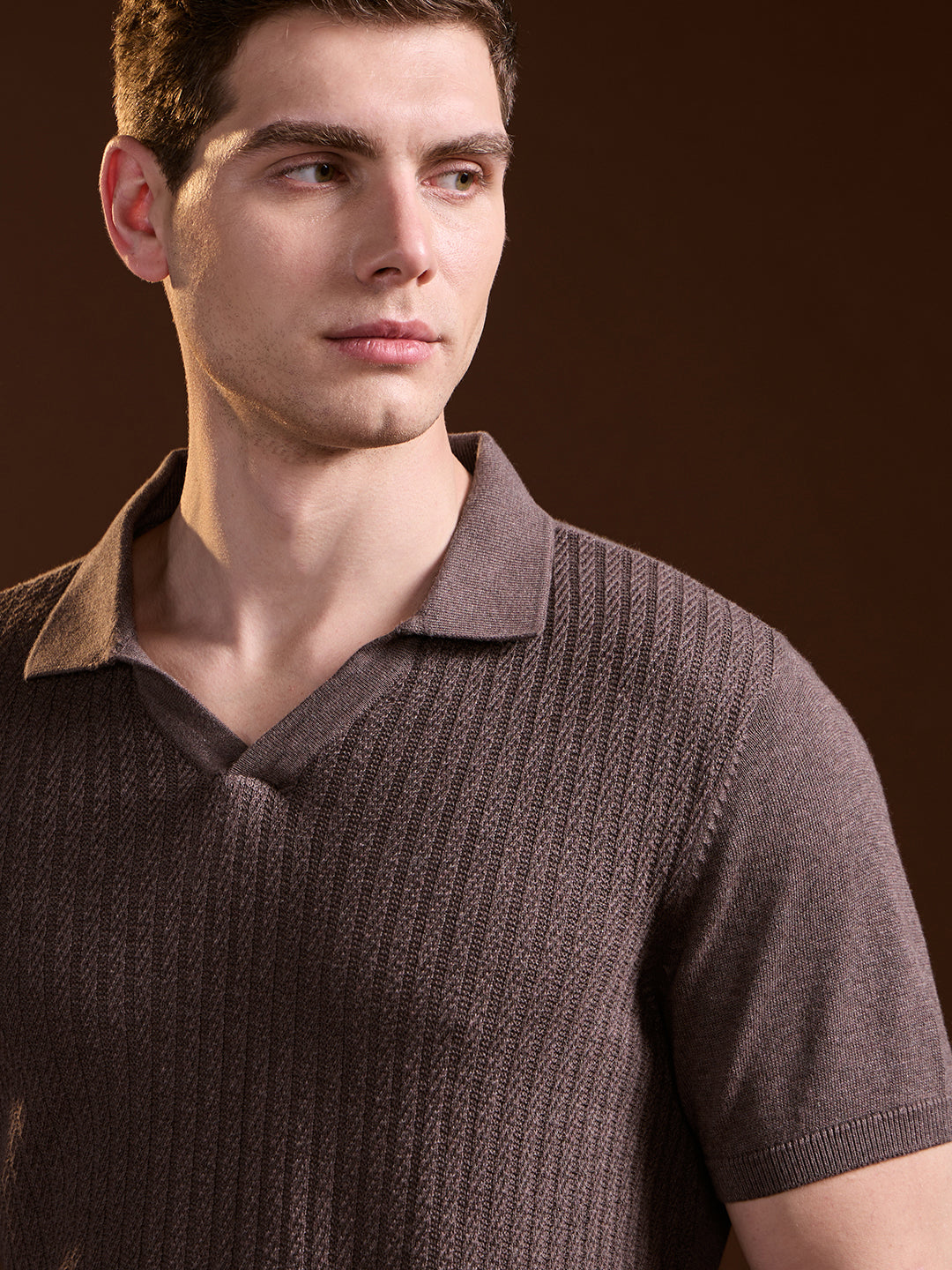 Brown Ribbed Texture Design Slim Fit Polo