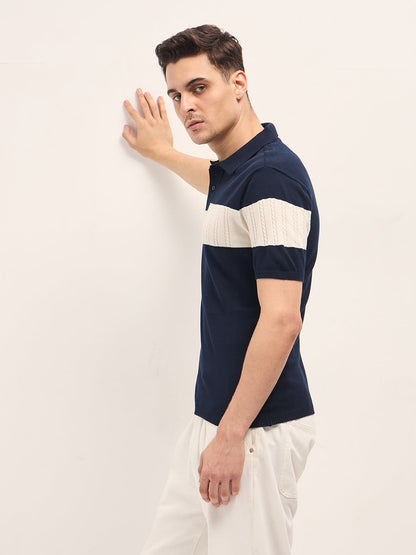 Blue Cable-Knit Textured Stripe Slim Fit Polo