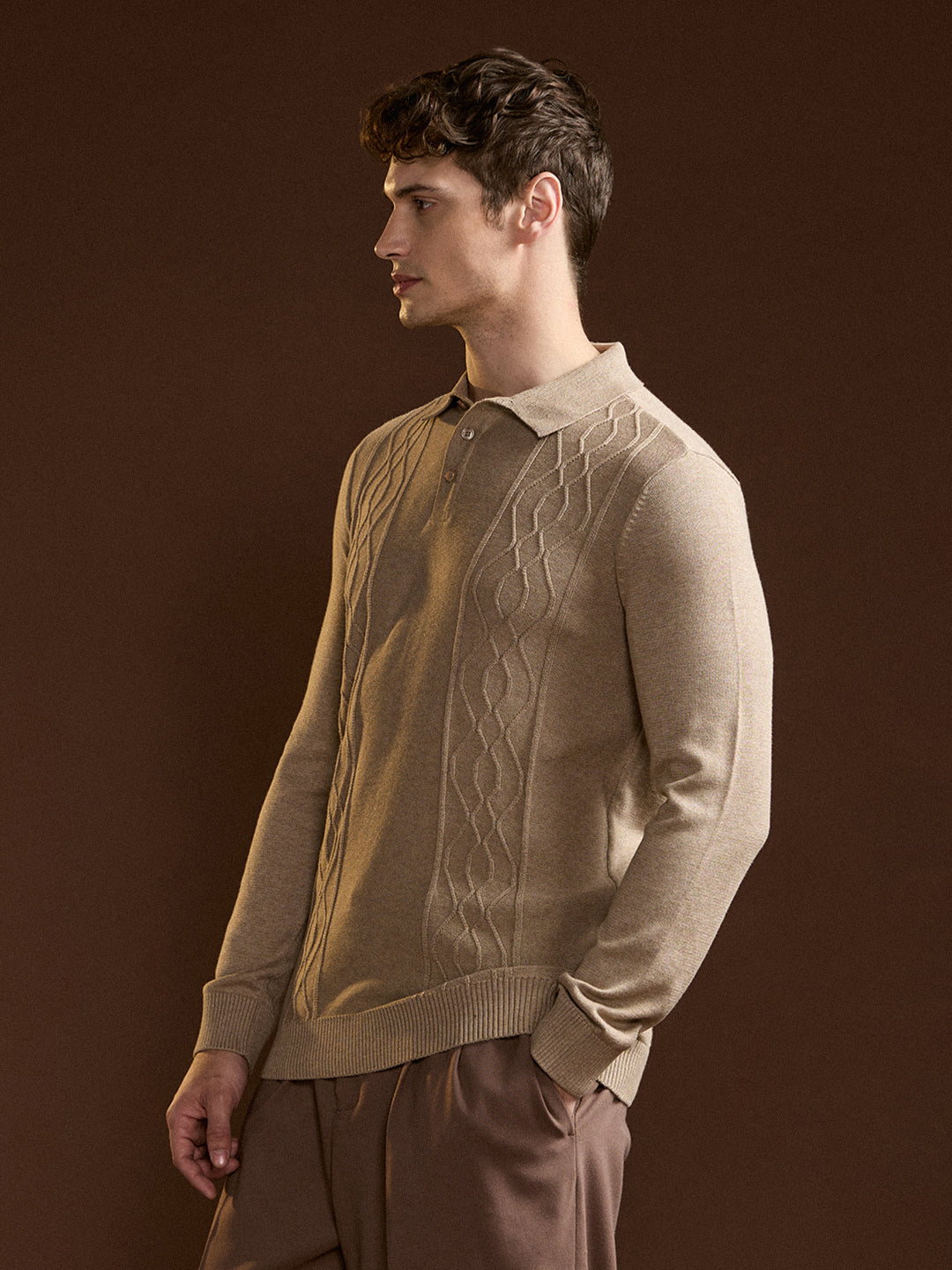 Brown Textured Geometrical Design Regular Fit Polo