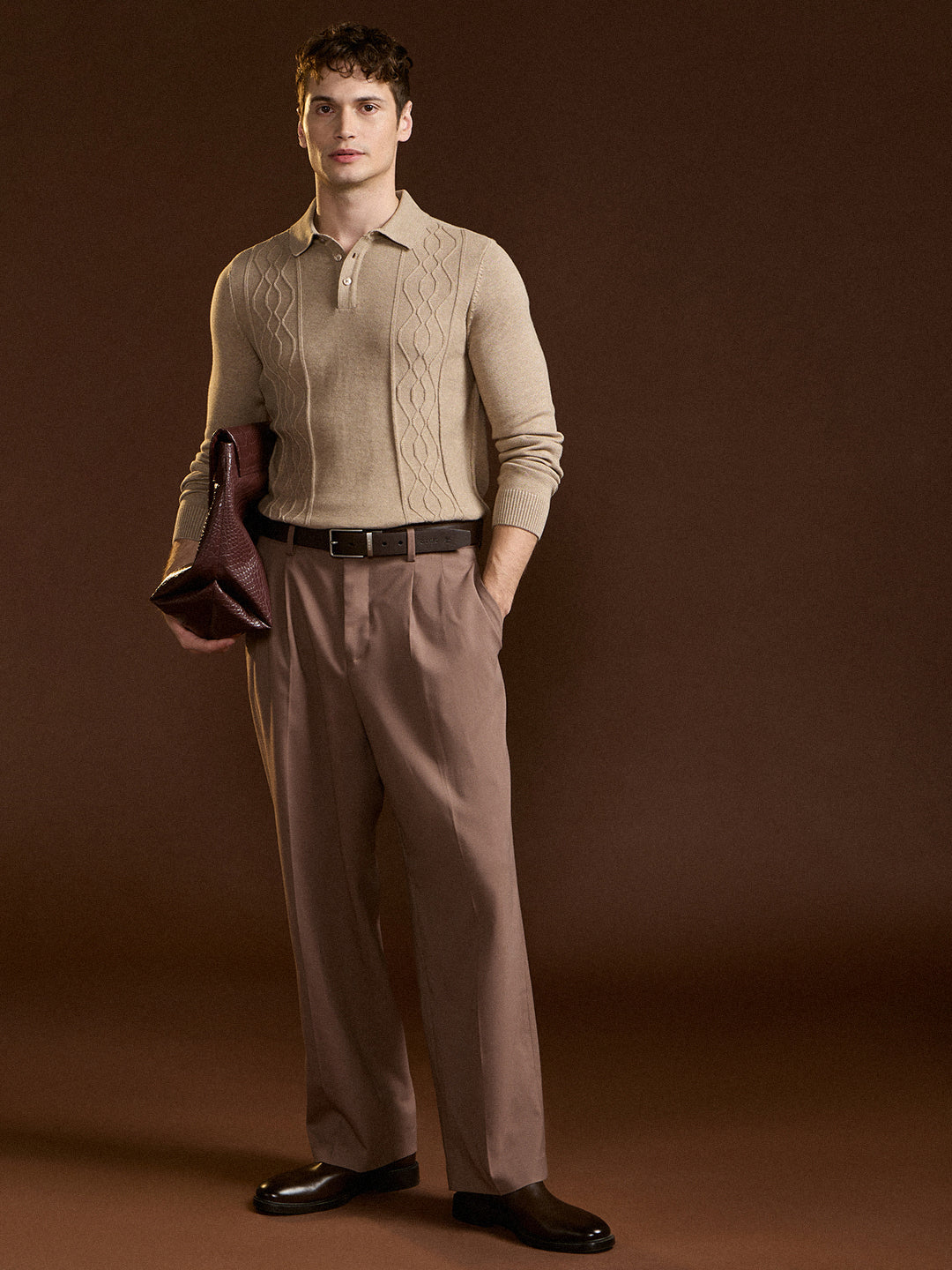 Brown Textured Geometrical Design Regular Fit Polo