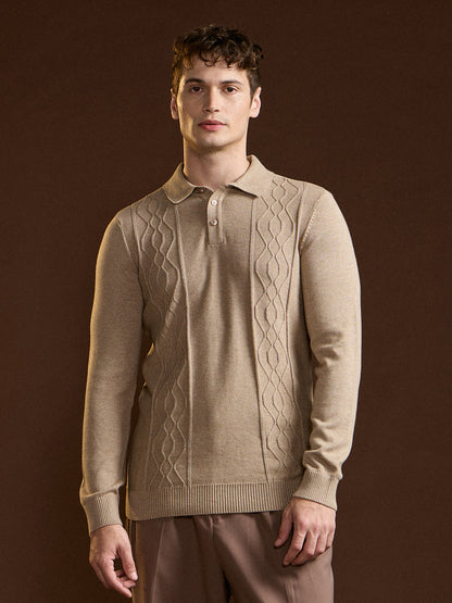 Brown Textured Geometrical Design Regular Fit Polo