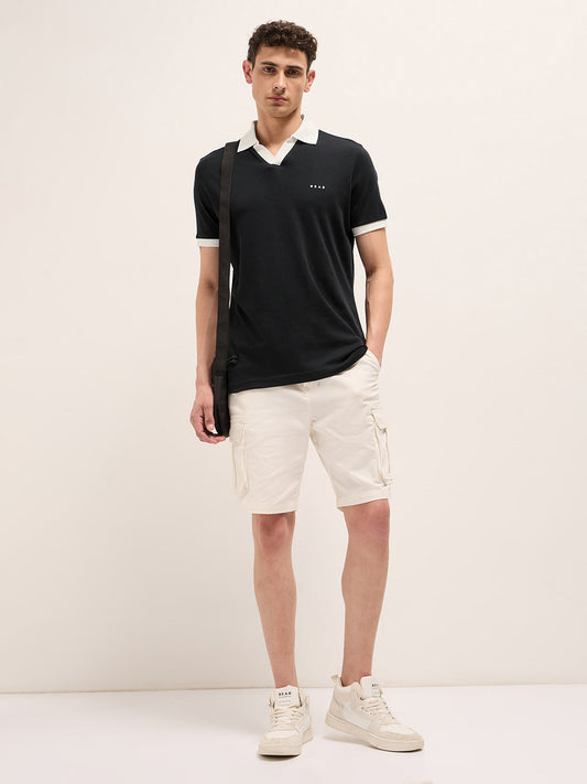 Black Solid Regular Fit Polo with Contrast Collar