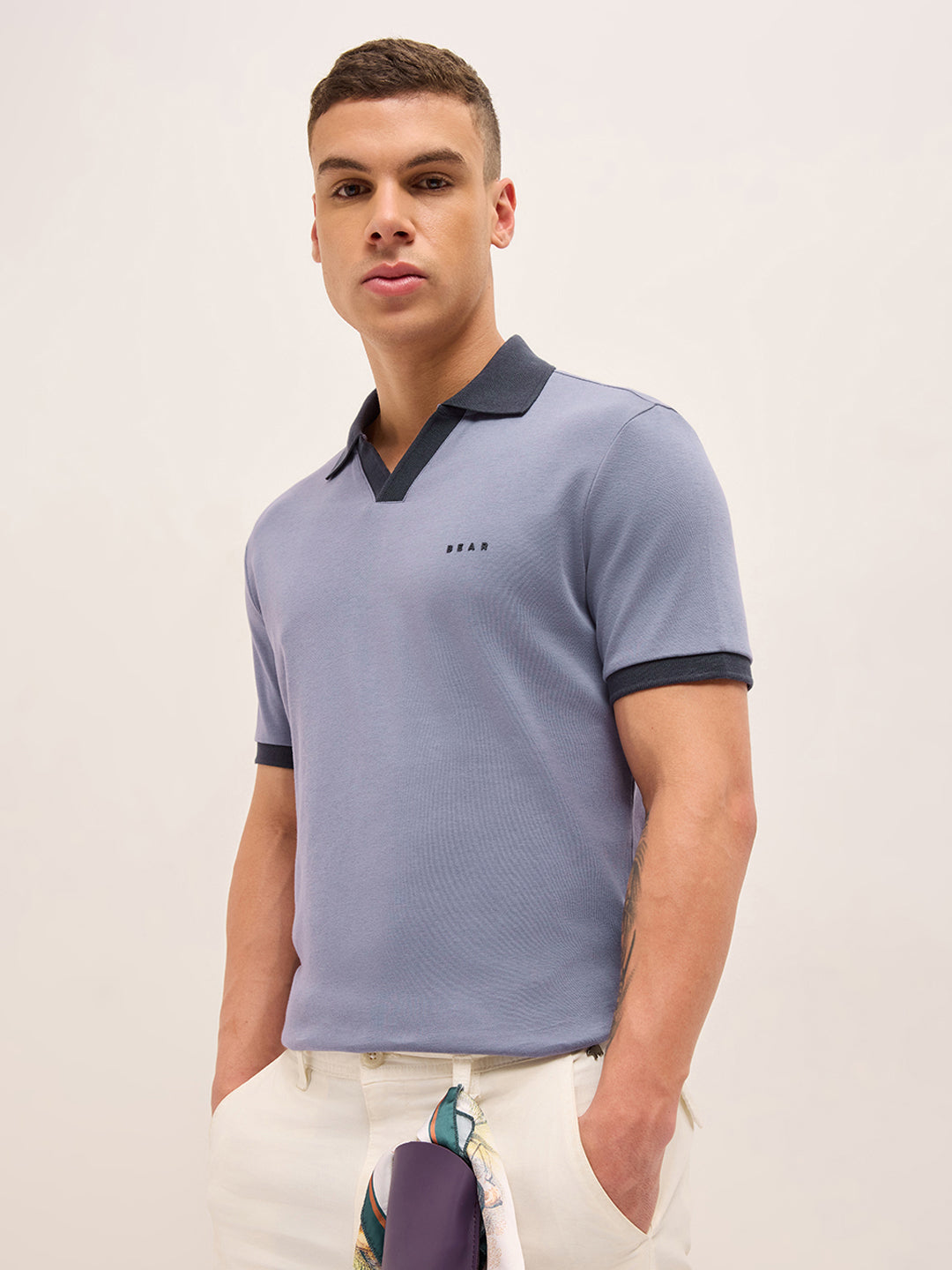 Purple Solid Regular Fit Polo with Contrast Collar