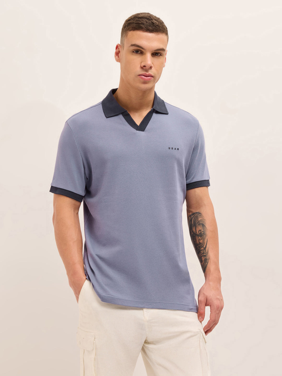 Purple Solid Regular Fit Polo with Contrast Collar