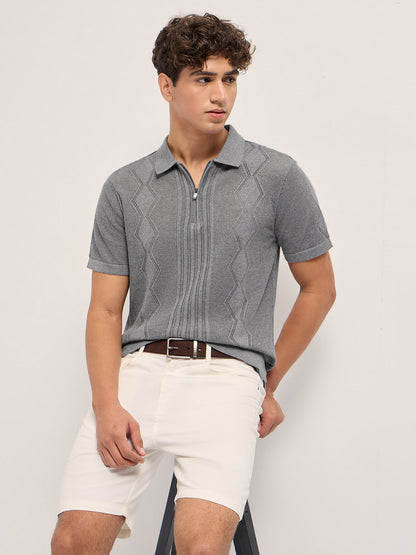 Grey Regular Fit Geometric Textured Flat Knit Polo with Zip Placket
